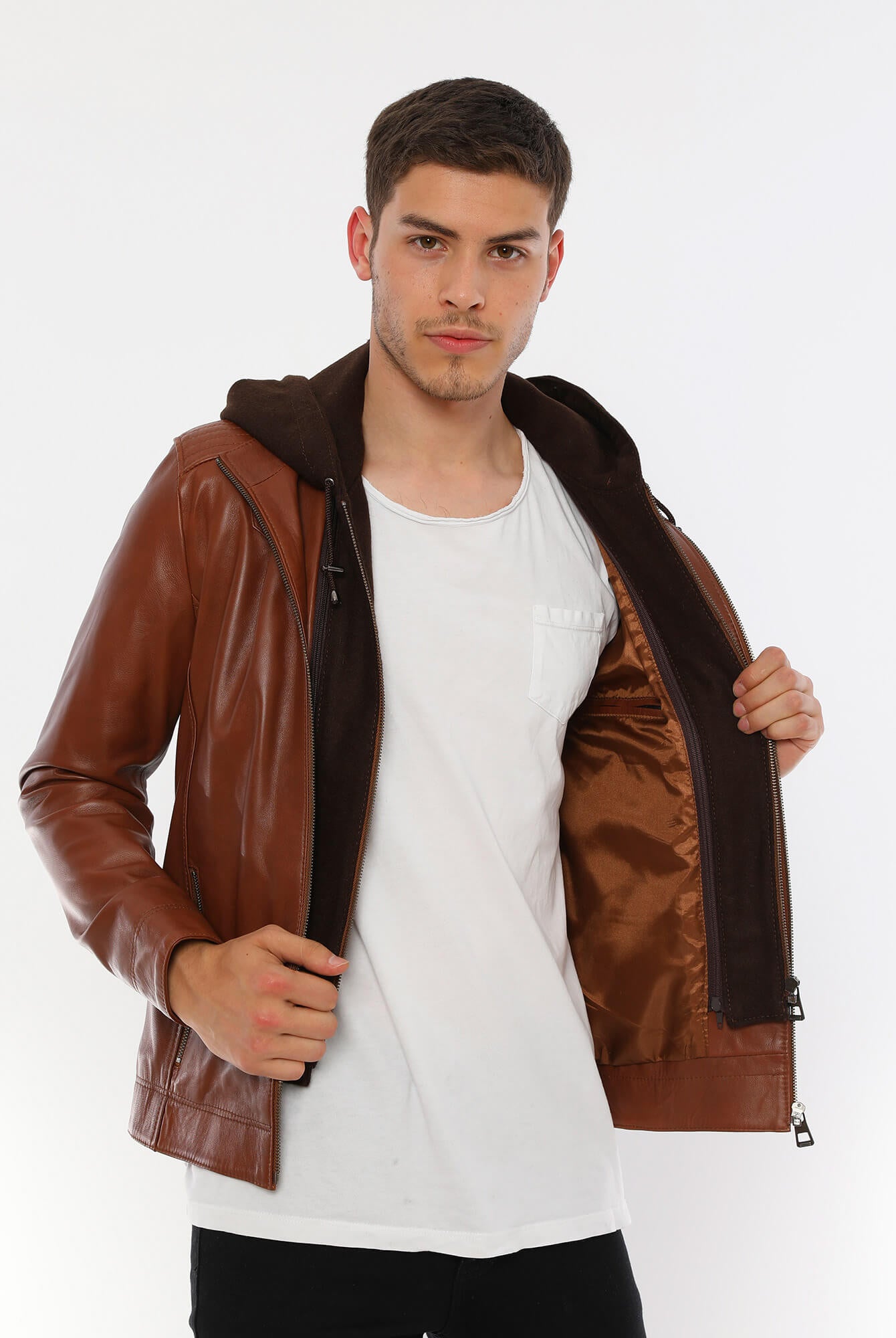 PRINDA Luca Tan Hooded Leather Jacket