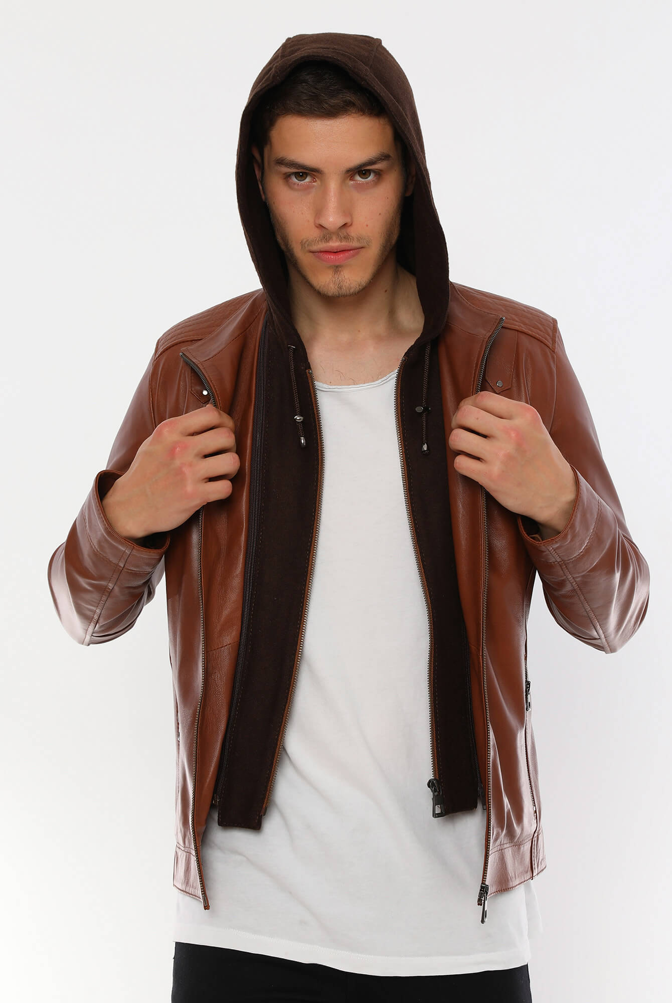 PRINDA Luca Tan Hooded Leather Jacket