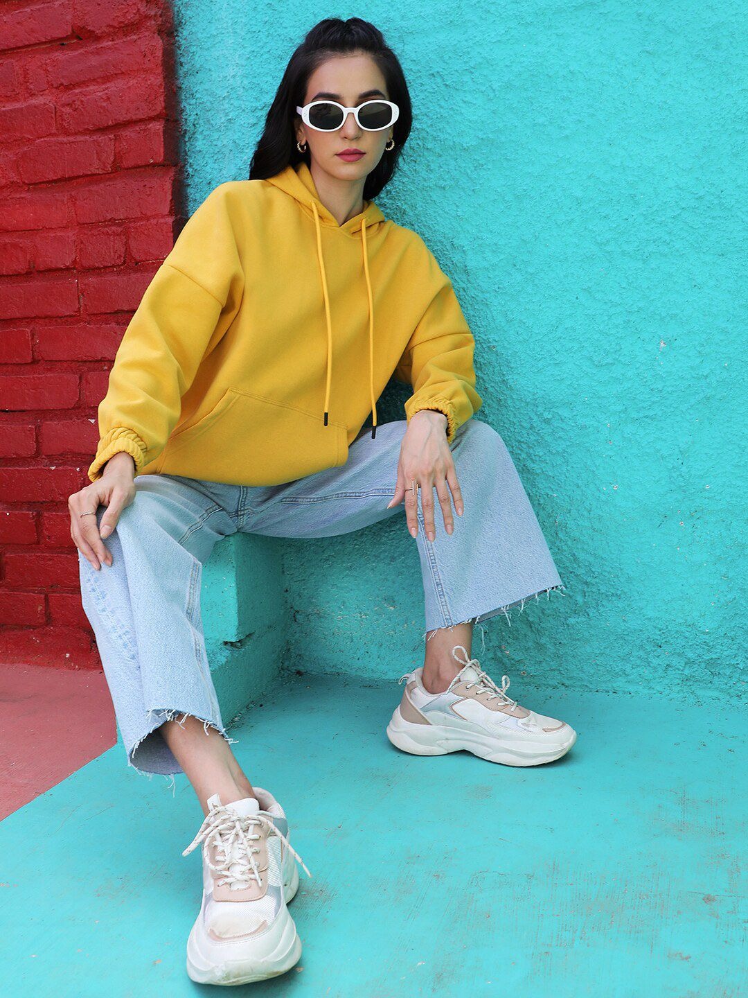 Women Yellow Hooded Hoodie — Bright Cotton Pullover with Kangaroo Pocket | PRINDA Pakistan