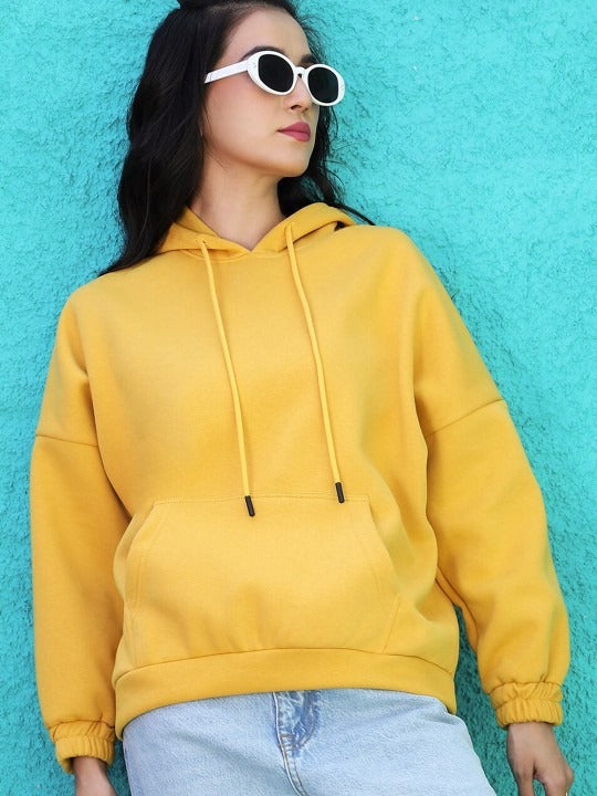 Women Yellow Hooded Hoodie — Bright Cotton Pullover with Kangaroo Pocket | PRINDA Pakistan
