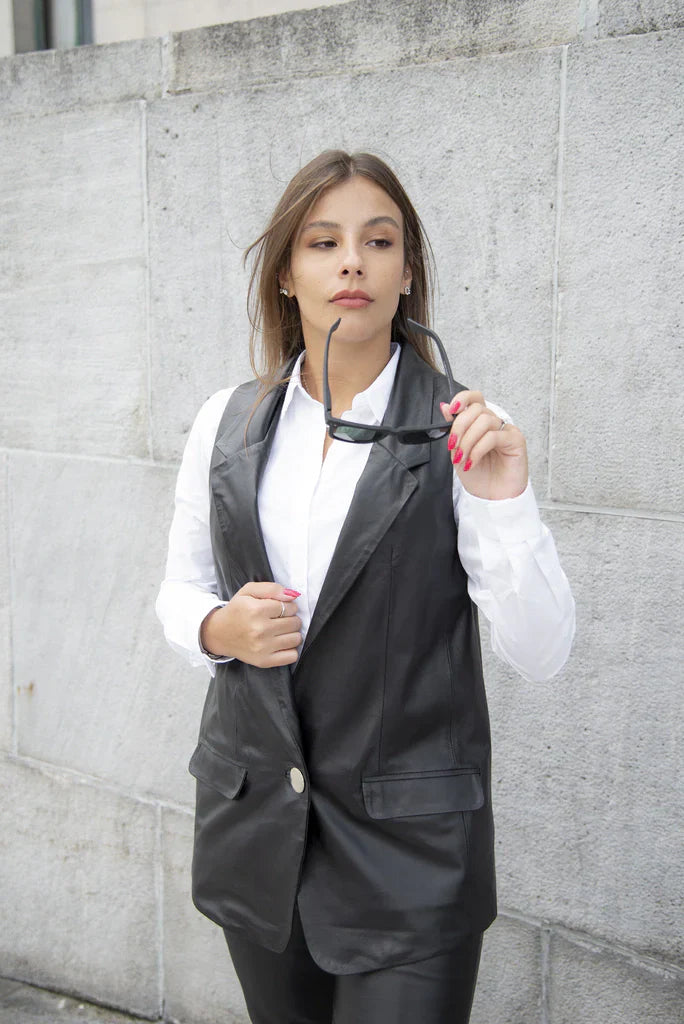 PRINDA Black Leather Vest For Women