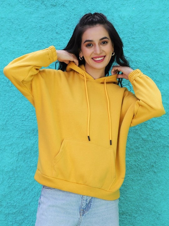 Women Yellow Hooded Hoodie — Bright Cotton Pullover with Kangaroo Pocket | PRINDA Pakistan