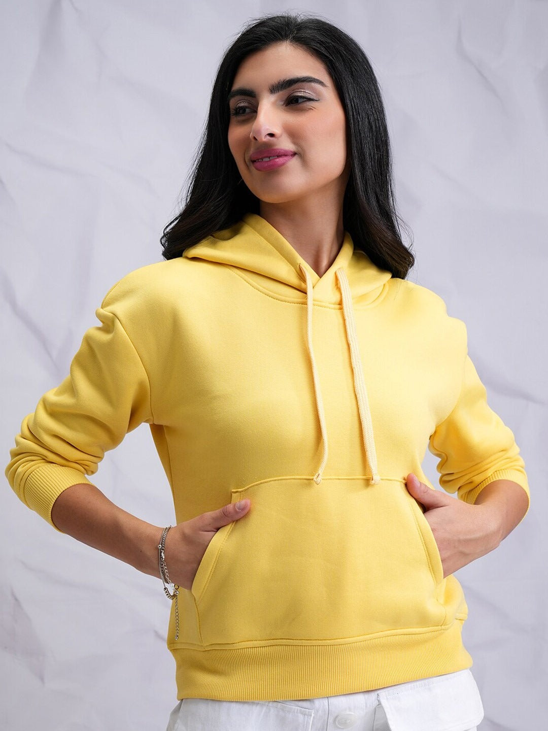 Yellow Relaxed Hooded Pullover Hoodie for Women — Casual Cotton-Blend Sweatshirt | PRINDA Pakistan