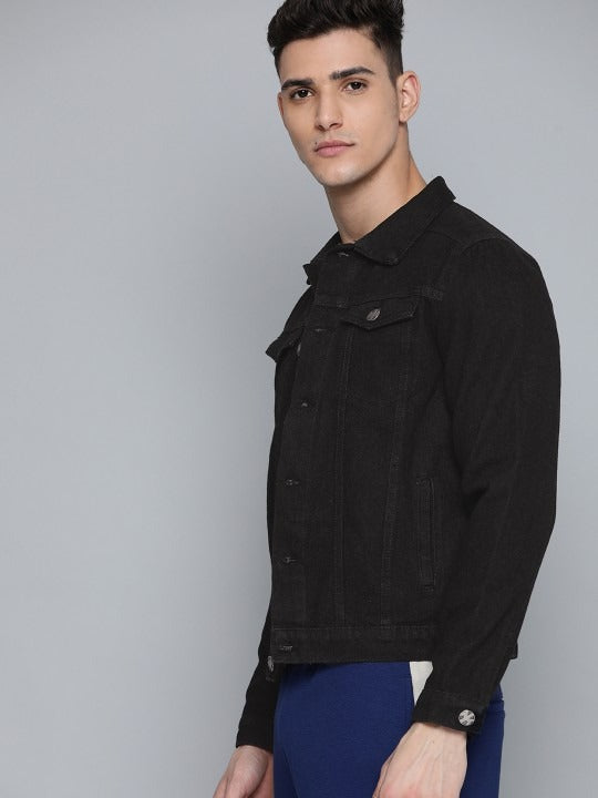 Men Black Cotton Denim Jacket – Breathable Urban Style for Pakistani Men | PARINDA