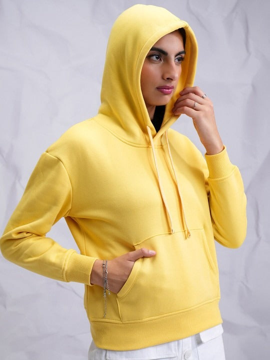 Yellow Relaxed Hooded Pullover Hoodie for Women — Casual Cotton-Blend Sweatshirt | PRINDA Pakistan