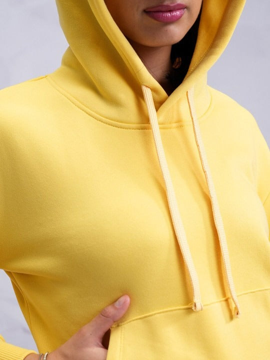 Yellow Relaxed Hooded Pullover Hoodie for Women — Casual Cotton-Blend Sweatshirt | PRINDA Pakistan