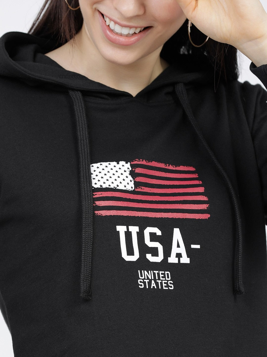 Women Black & White Printed Hooded Hoodie — Graphic Pullover with Kangaroo Pocket | PRINDA Pakistan