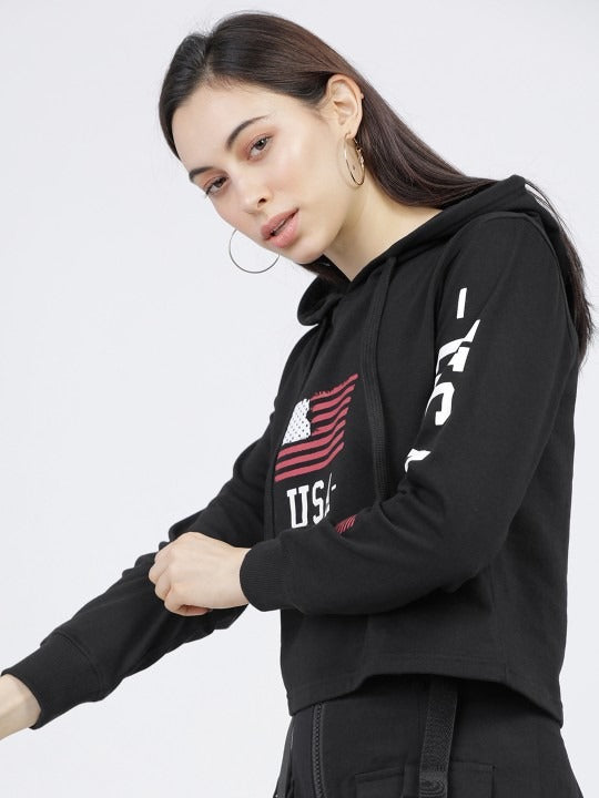 Women Black & White Printed Hooded Hoodie — Graphic Pullover with Kangaroo Pocket | PRINDA Pakistan
