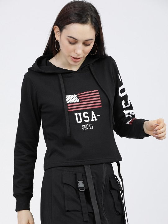 Women Black & White Printed Hooded Hoodie — Graphic Pullover with Kangaroo Pocket | PRINDA Pakistan