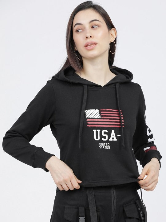 Women Black & White Printed Hooded Hoodie — Graphic Pullover with Kangaroo Pocket | PRINDA Pakistan