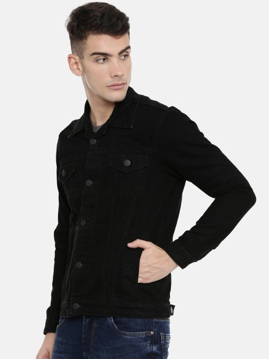 Men Black Solid Denim Jacket – Urban Cotton Outerwear for Pakistani Weather | PARINDA