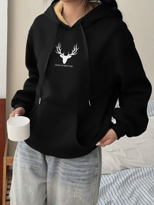 Women Printed Black Hooded Hoodie — Graphic Pullover with Kangaroo Pocket | PRINDA Pakistan
