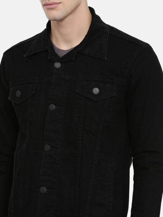 Men Black Solid Denim Jacket – Urban Cotton Outerwear for Pakistani Weather | PARINDA