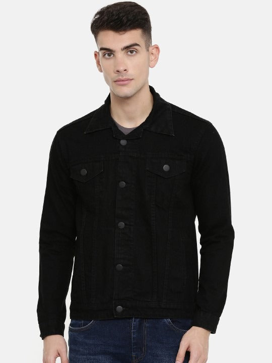 Men Black Solid Denim Jacket – Urban Cotton Outerwear for Pakistani Weather | PARINDA