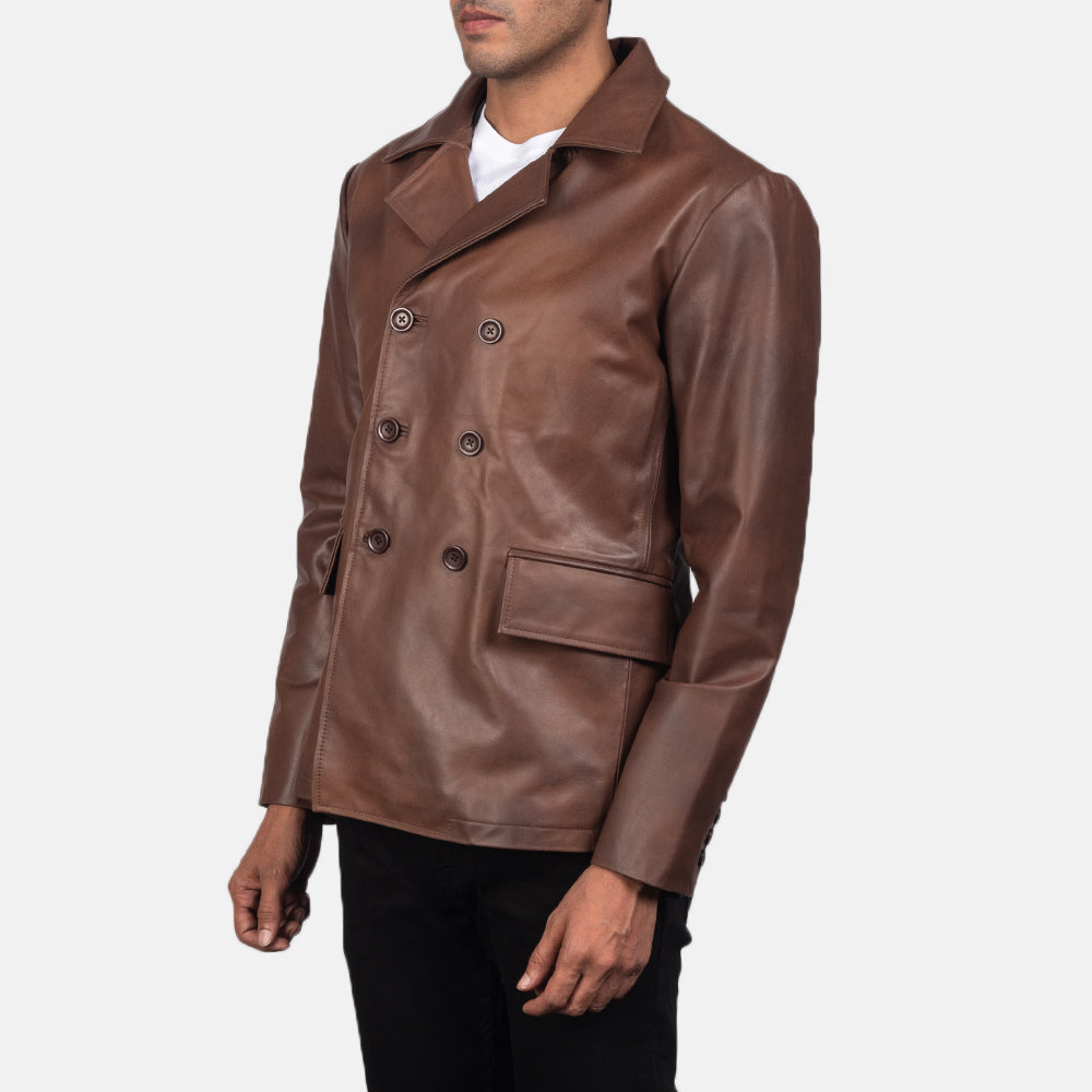 PRINDA Brown Genuine Leather Naval Peacoat