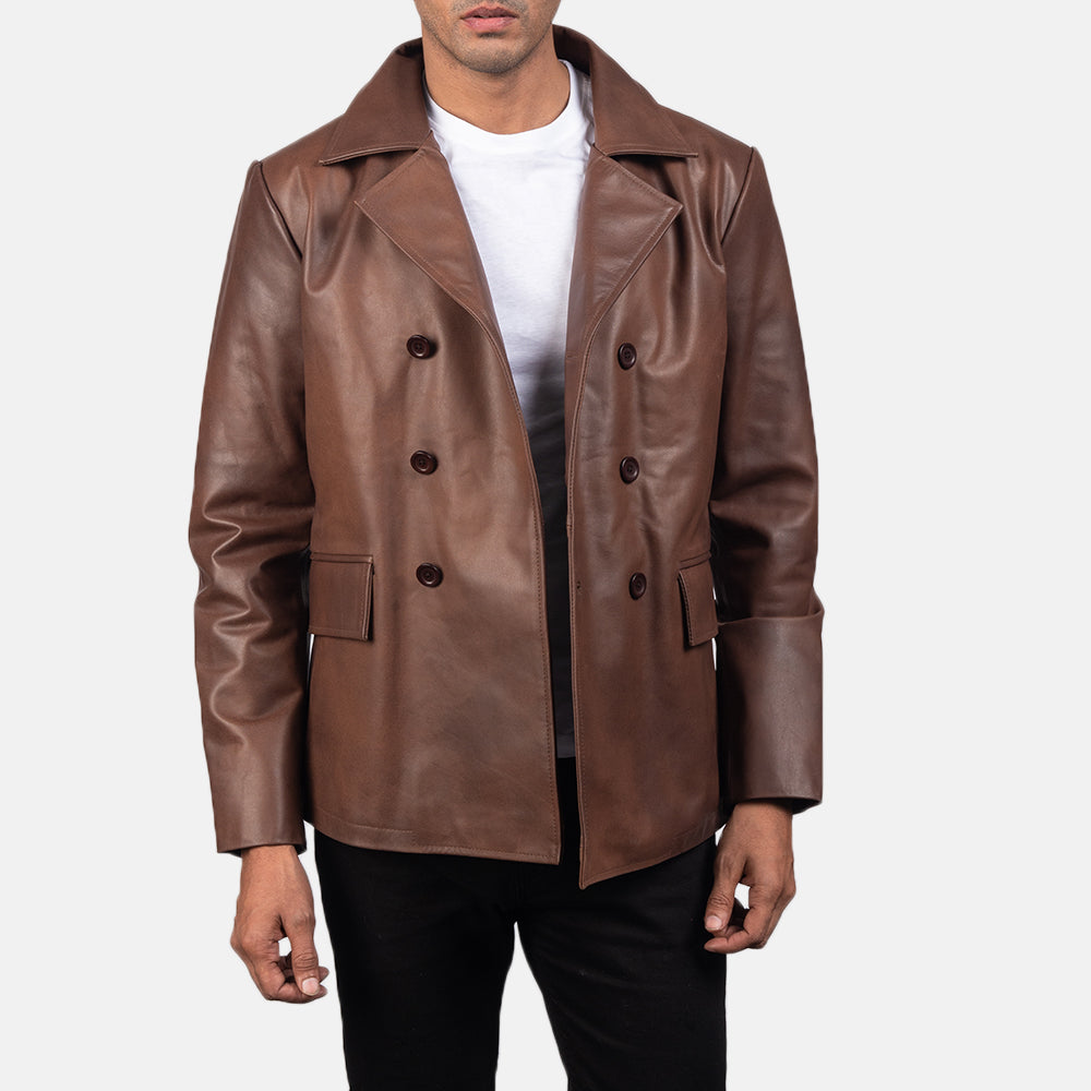 PRINDA Brown Genuine Leather Naval Peacoat