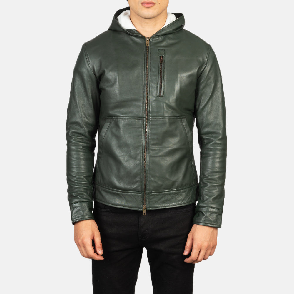 PRINDA Green Hooded Leather Bomber Jacket