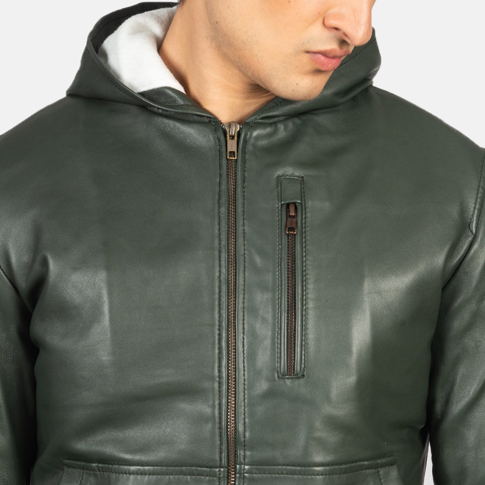 PRINDA Green Hooded Leather Bomber Jacket