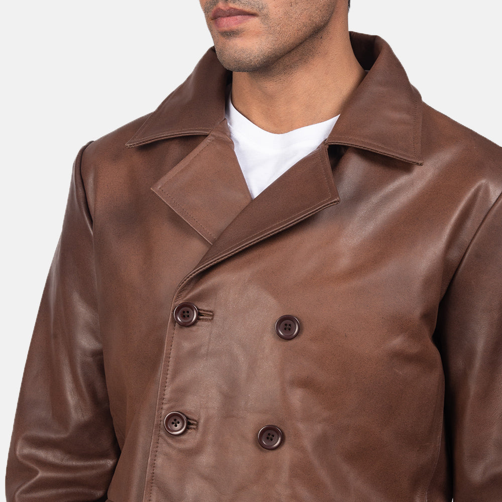 PRINDA Brown Genuine Leather Naval Peacoat