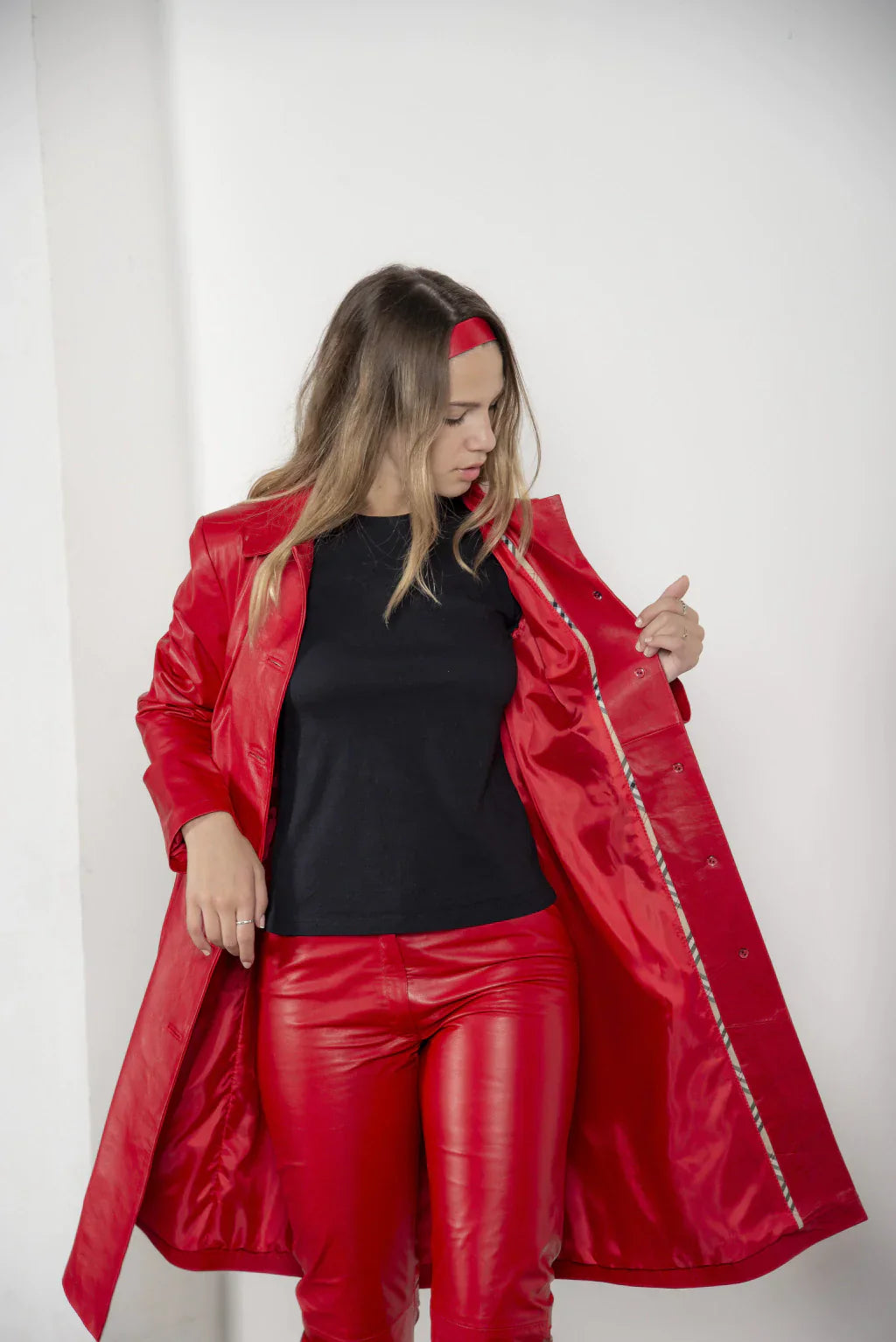 PRINDA Blood Red Leather Coat For Women's