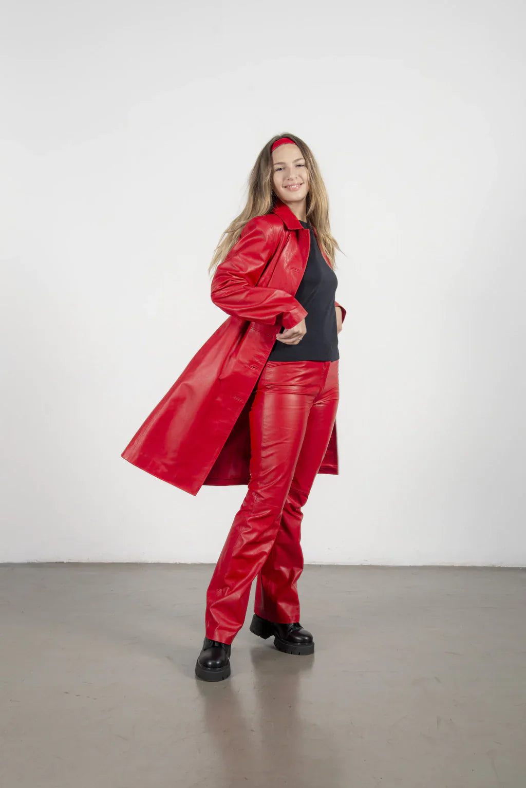 PRINDA Blood Red Leather Coat For Women's