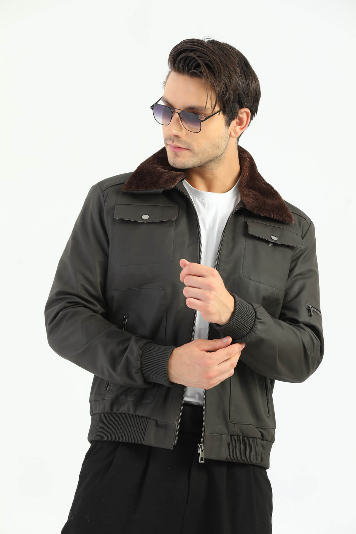 PRINDA Inverness Gray Leather Jacket Furry collar