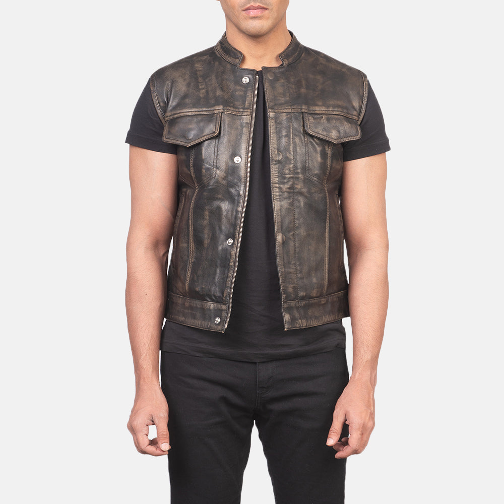 PRINDA Moto Distressed Brown Leather Vest