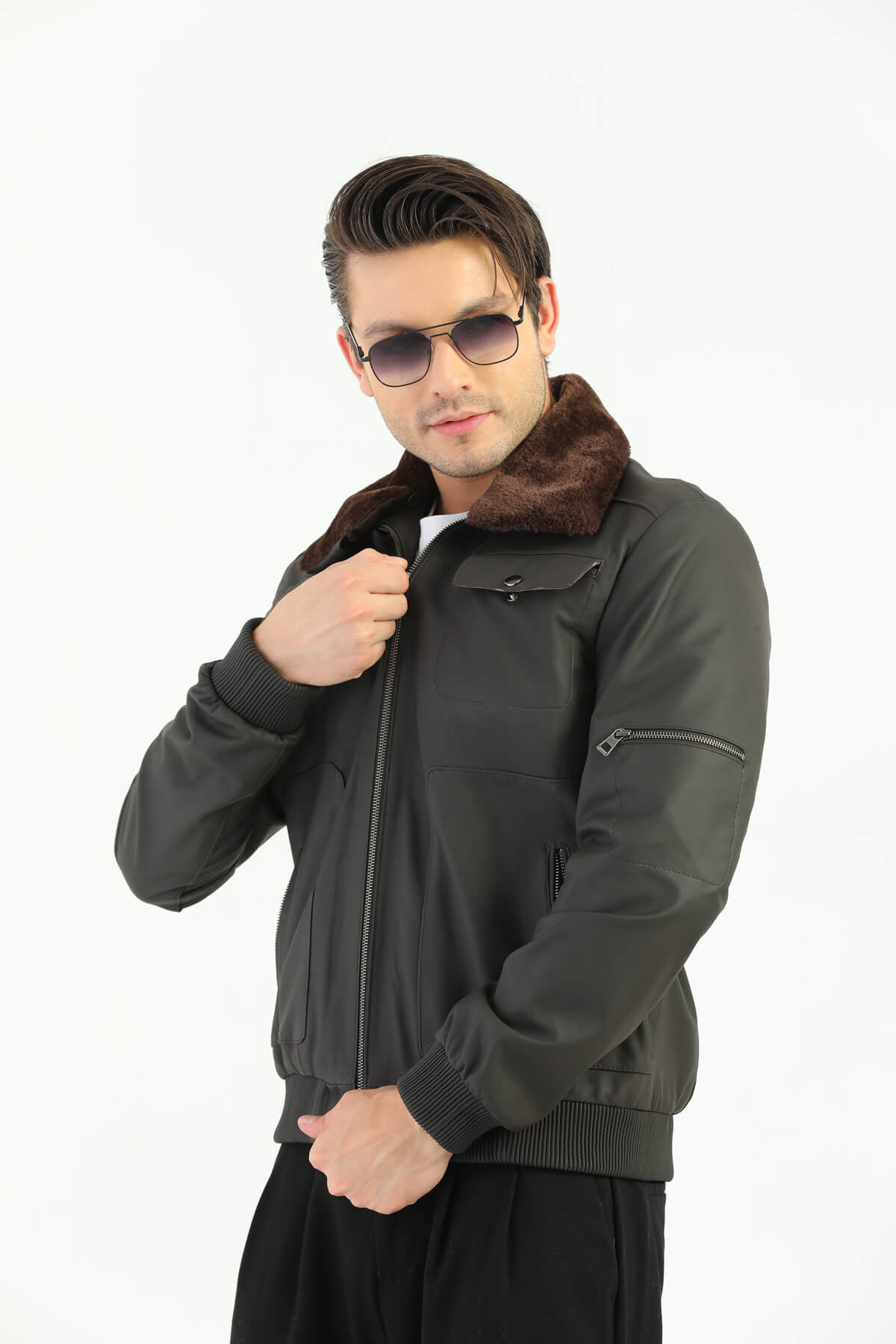 PRINDA Inverness Gray Leather Jacket Furry collar