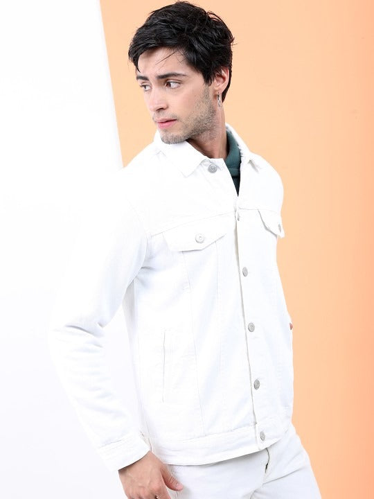 Men White Solid Denim Jacket – Breathable Summer Outerwear for Pakistani Style | PARINDA