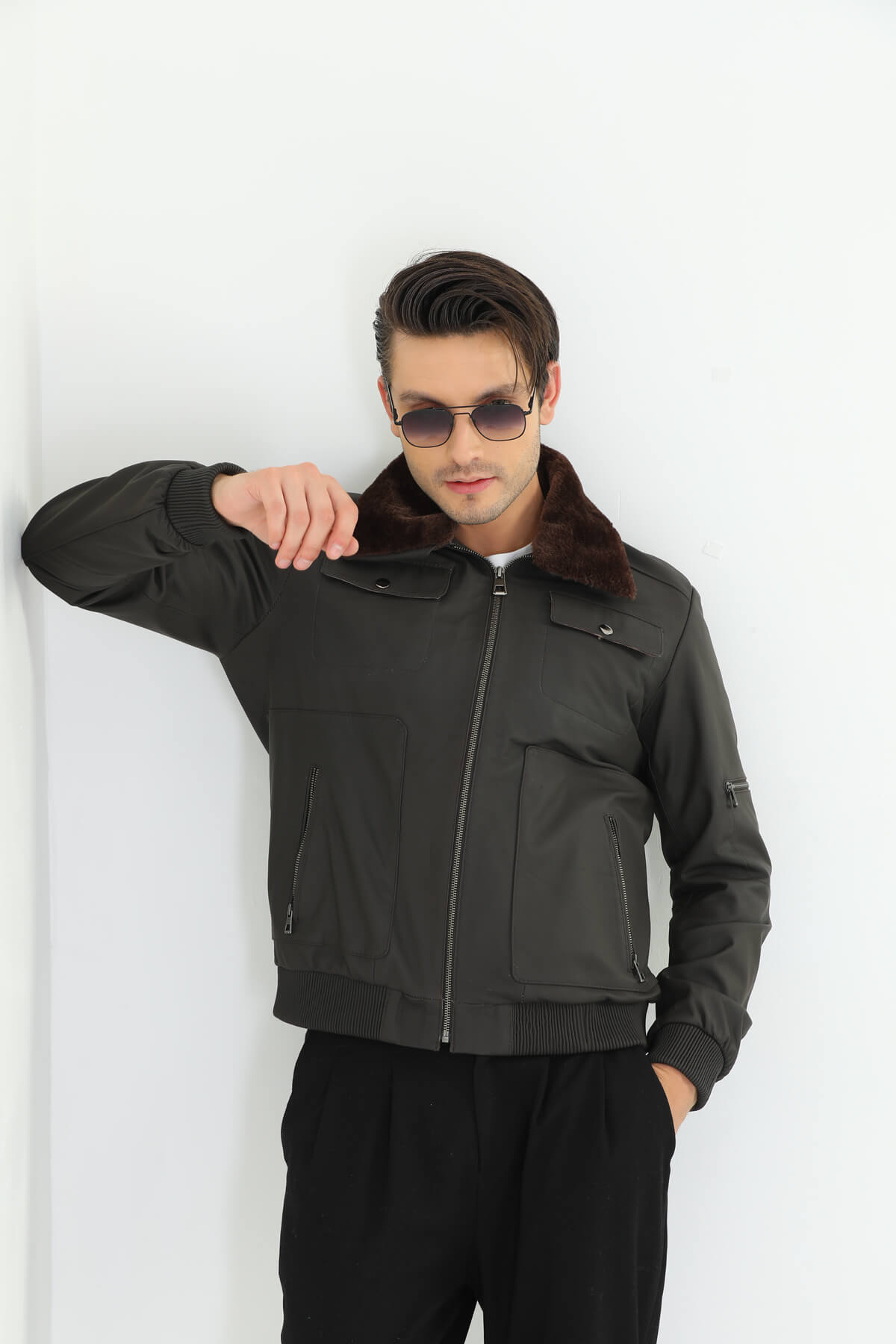 PRINDA Inverness Gray Leather Jacket Furry collar