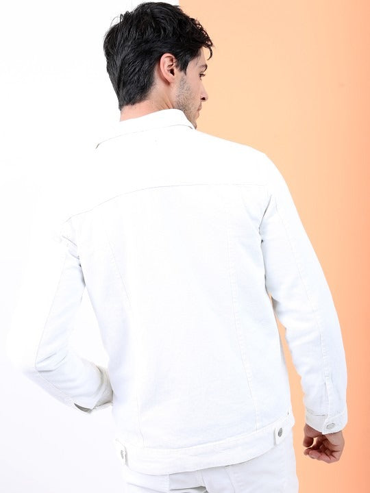 Men White Solid Denim Jacket – Breathable Summer Outerwear for Pakistani Style | PARINDA