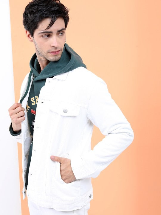 Men White Solid Denim Jacket – Breathable Summer Outerwear for Pakistani Style | PARINDA