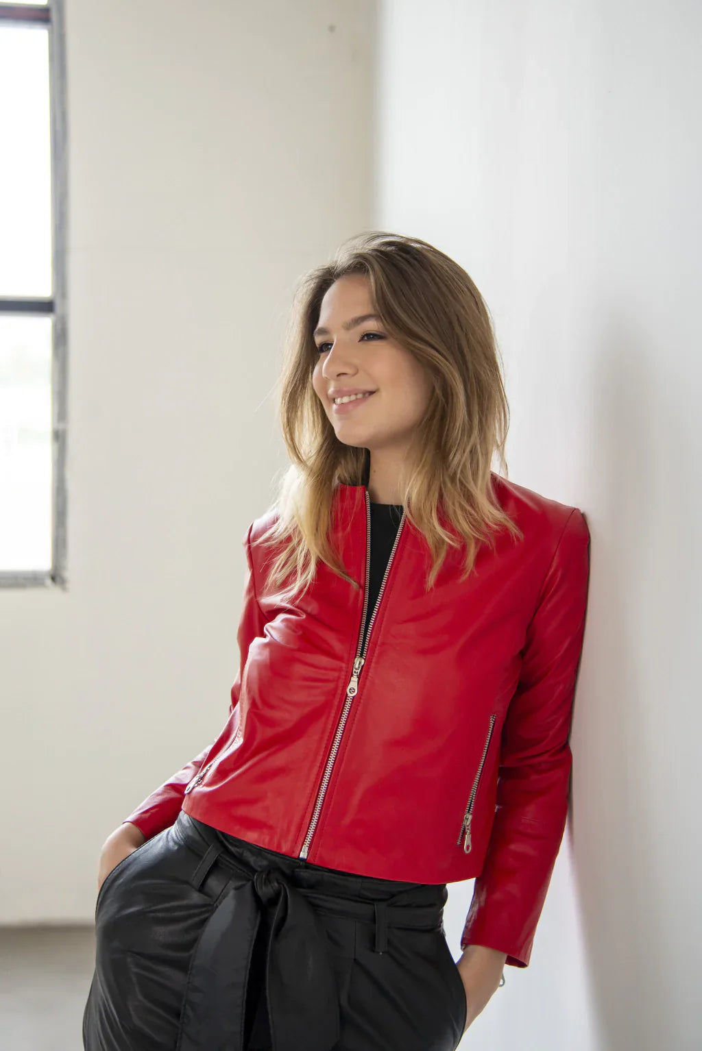 Red Women Collarless Biker Leather Jacket