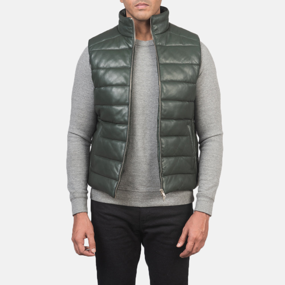 PRINDA Green Genuine Leather Puffer Vest