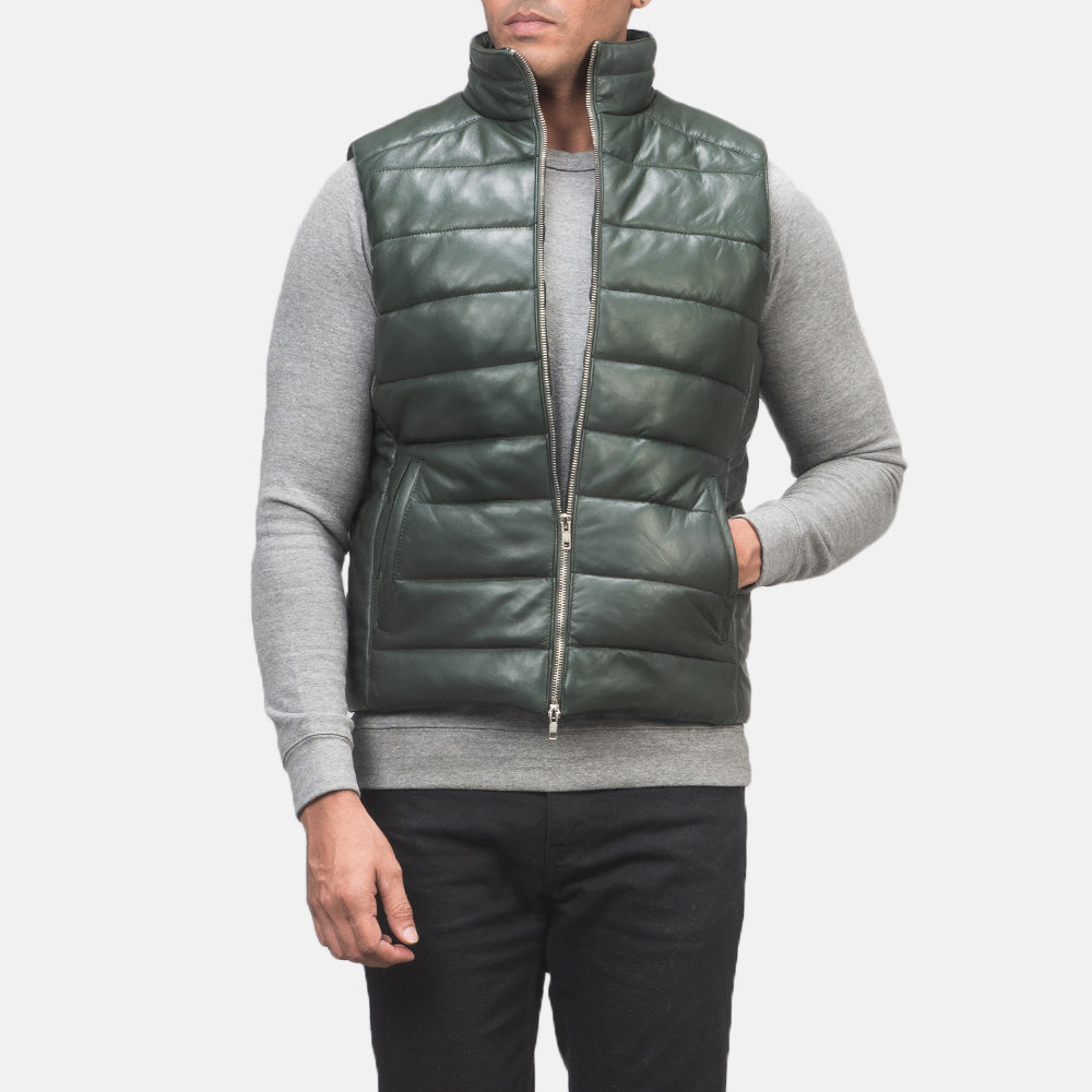 PRINDA Green Genuine Leather Puffer Vest