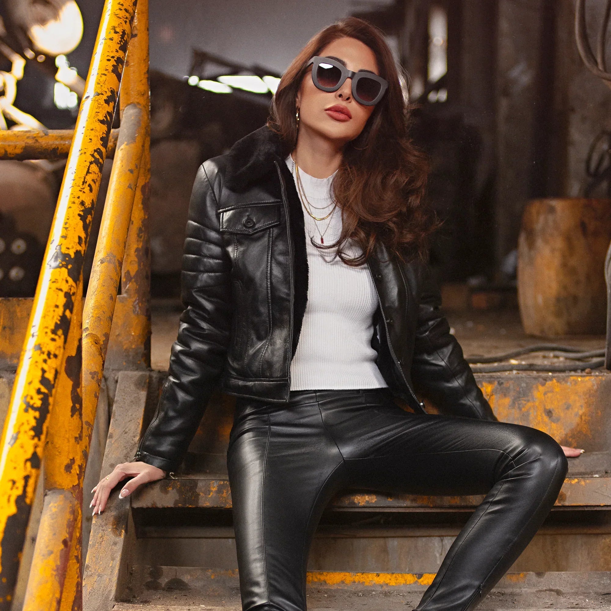 Shearling Trucker Women Leather Jacket