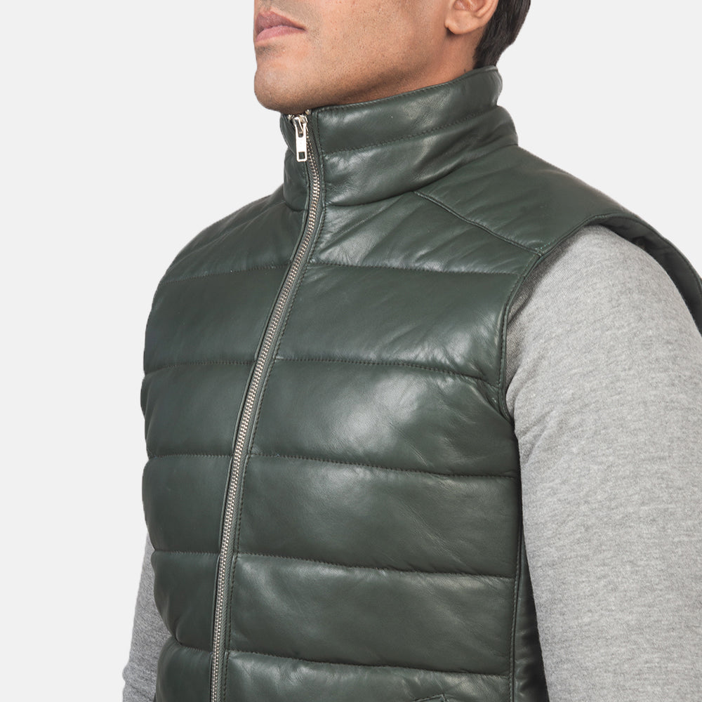 PRINDA Green Genuine Leather Puffer Vest