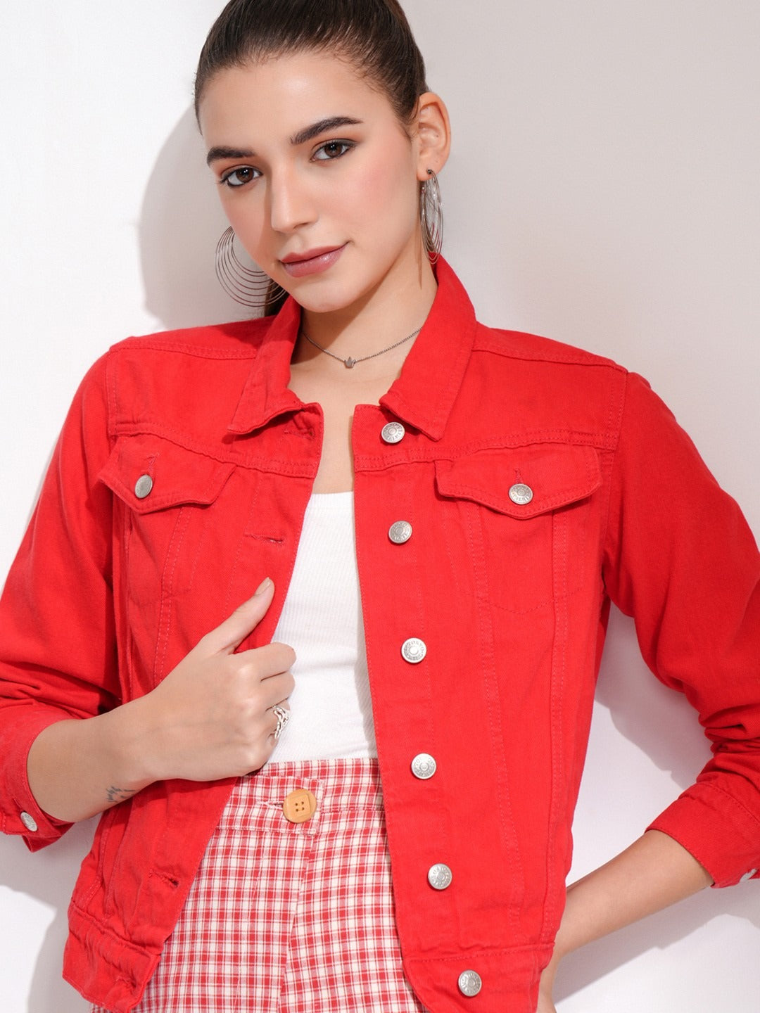 Women Red Denim Jacket by PARINDA – Bold Streetwear Style in Pakistan