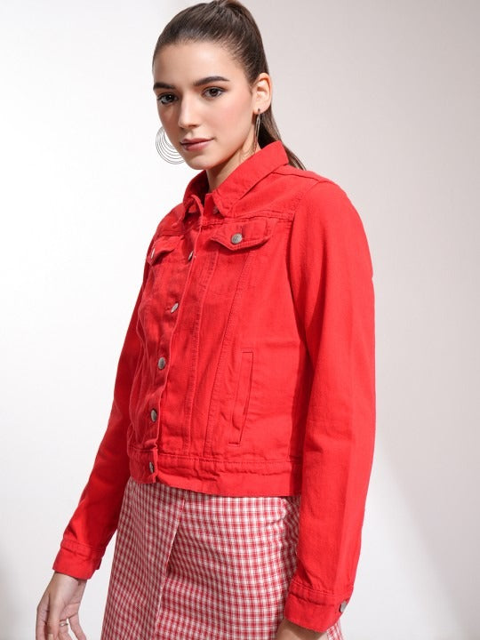 Women Red Denim Jacket by PARINDA – Bold Streetwear Style in Pakistan