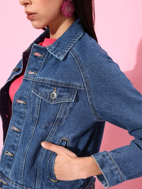 Women Stunning Blue Solid Denim Trucker Jacket – Classic Structured Trucker for Pakistan | PARINDA