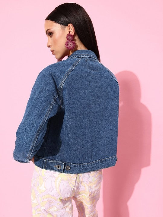 Women Stunning Blue Solid Denim Trucker Jacket – Classic Structured Trucker for Pakistan | PARINDA