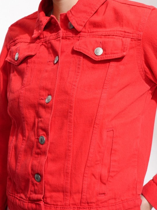 Women Red Denim Jacket by PARINDA – Bold Streetwear Style in Pakistan