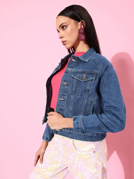Women Stunning Blue Solid Denim Trucker Jacket – Classic Structured Trucker for Pakistan | PARINDA
