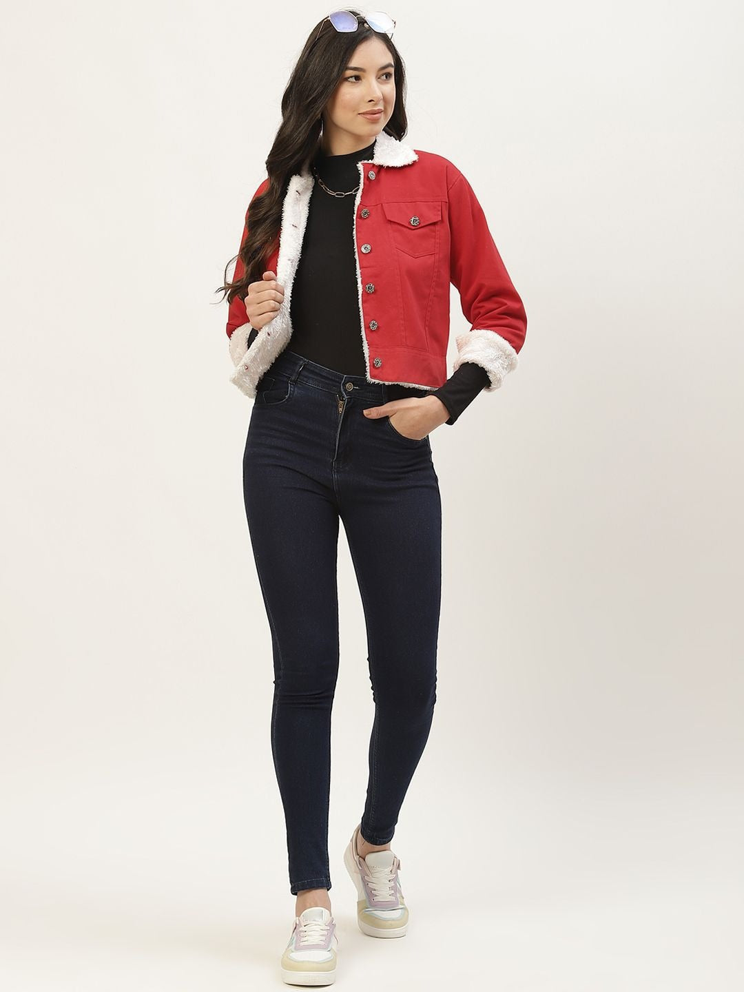 Women Red Solid Pure Cotton Denim Jacket – Stylish, Breathable Outerwear for Pakistan | PARINDA