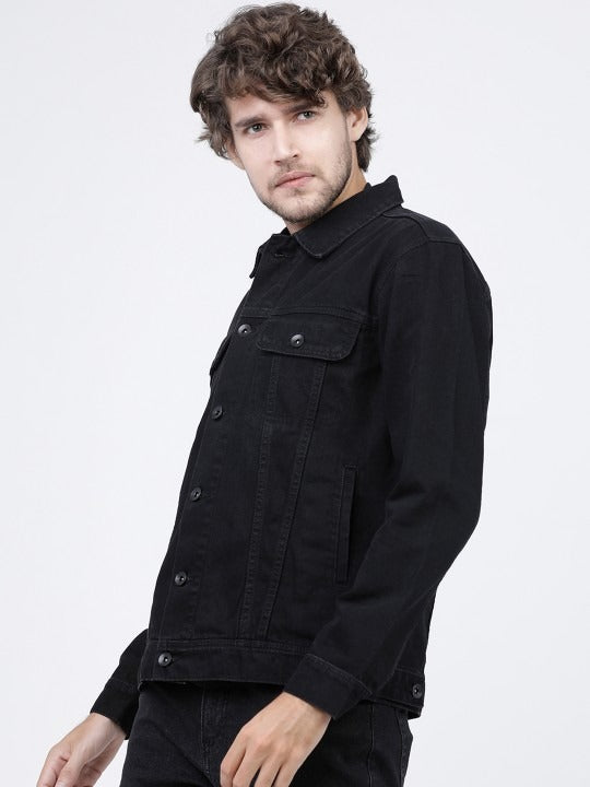 Men’s Black Solid Denim Jacket – Timeless Street Style by PARINDA Pakistan