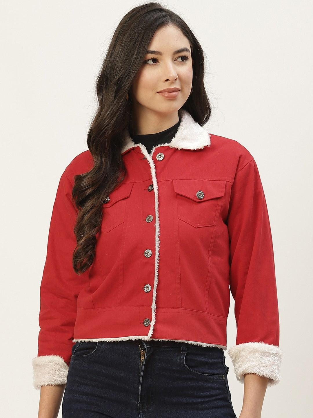 Women Red Solid Pure Cotton Denim Jacket – Stylish, Breathable Outerwear for Pakistan | PARINDA