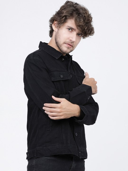 Men’s Black Solid Denim Jacket – Timeless Street Style by PARINDA Pakistan