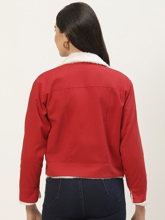 Women Red Solid Pure Cotton Denim Jacket – Stylish, Breathable Outerwear for Pakistan | PARINDA