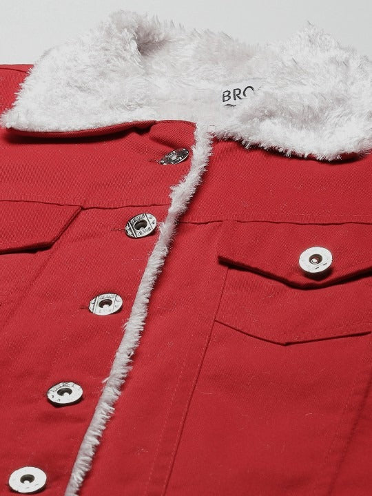 Women Red Solid Pure Cotton Denim Jacket – Stylish, Breathable Outerwear for Pakistan | PARINDA