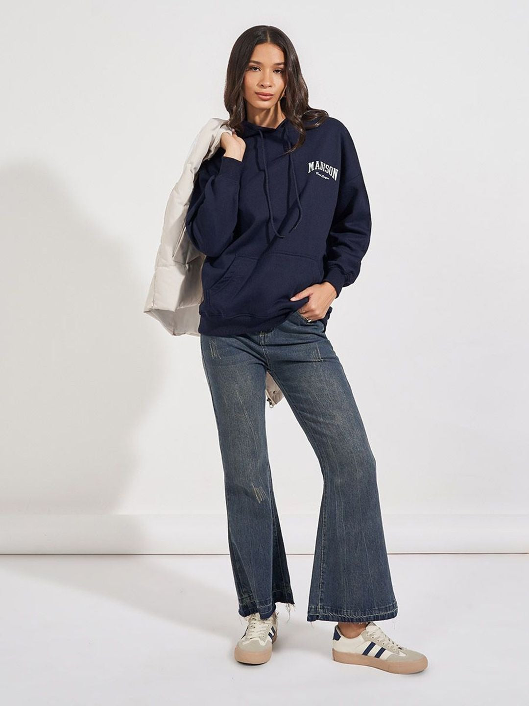 Women Typography Printed Oversized Fit Longline Hoodie – Trendy Streetwear Style in Pakistan | PRINDA